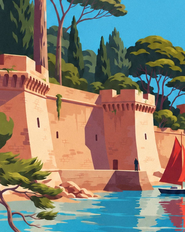 The ochre ramparts of the royal fort, a figure on the quay and a red sail