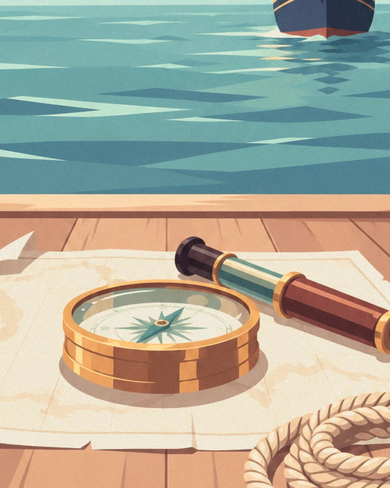 Poster bussola nautica in ottone su una carta nautica: dettaglio in primo piano