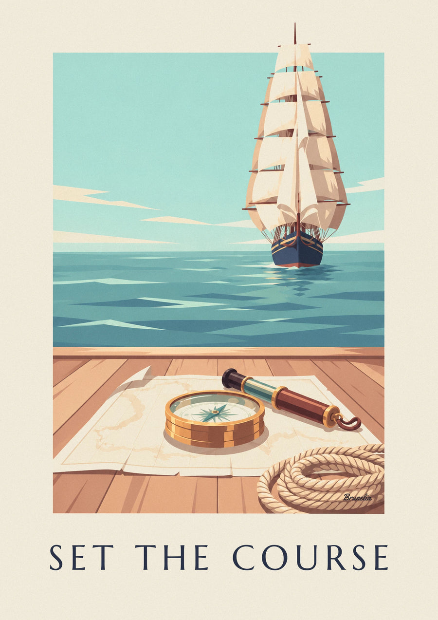 Poster bussola nautica in ottone su una carta nautica