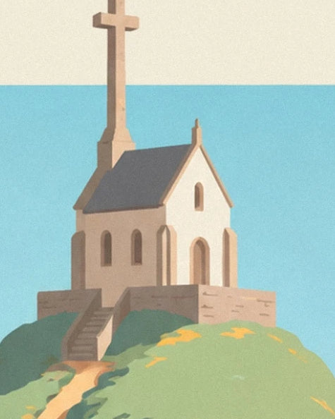 La chapelle blanche et sa grande croix, au sommet d'un escalier de pierre