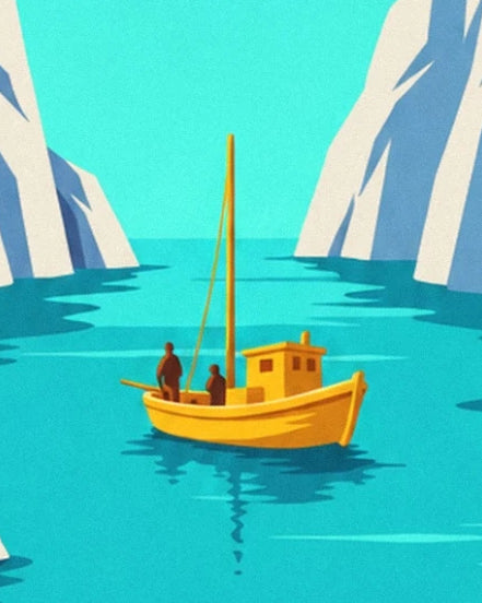 Le bateau jaune et ses 2 personnages sur l’eau turquoise de la calanque de Cassis