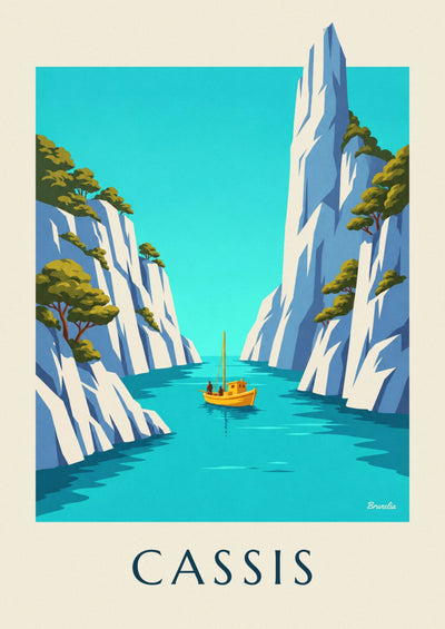 Affiche bateau jaune dans une calanque de Cassis : l'affiche entière