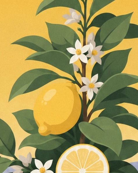 A yellow lemon, a lemon slice and white flowers among the green leaves
