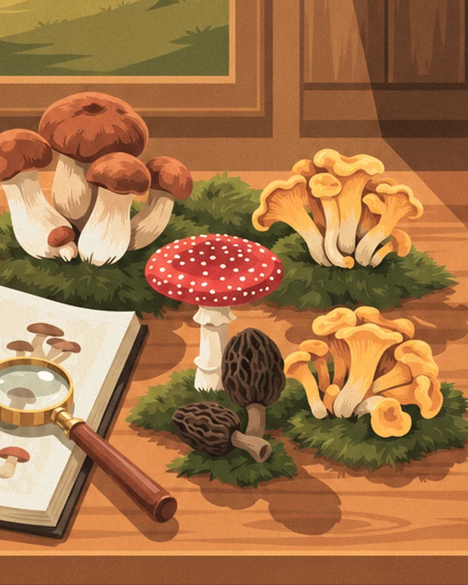Ceps, chanterelles, a red fly agaric and morels on the moss beside the notebook and magnifying glass