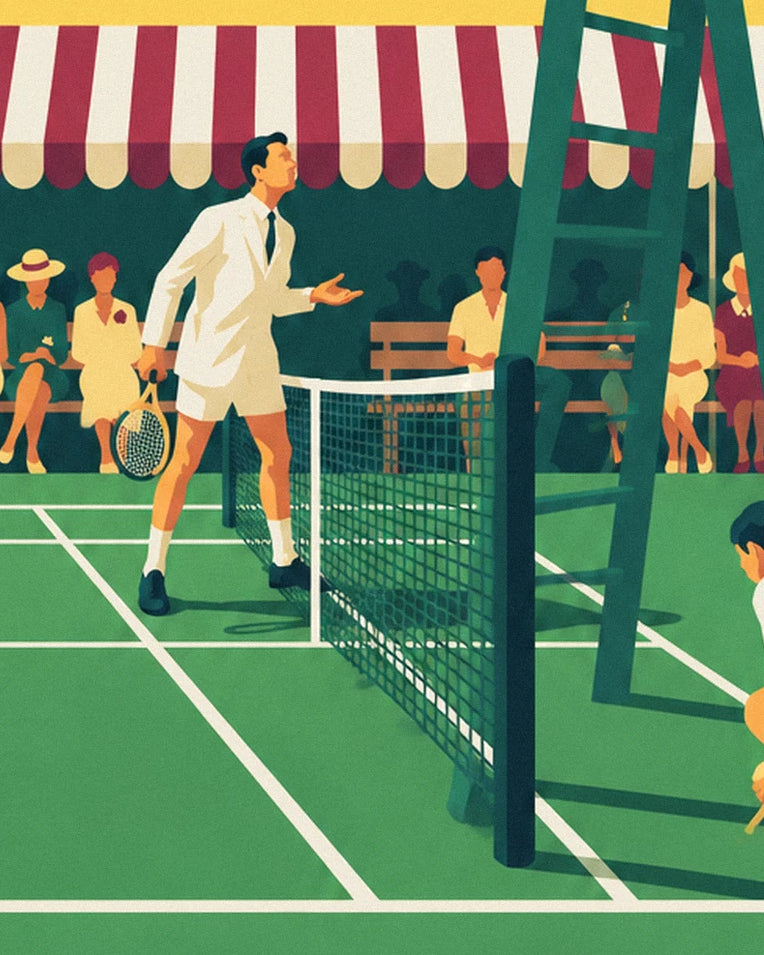 Poster Schiedsrichter auf dem Hochstuhl am Rand des Rasen-Tennisplatzes: Detail in Nahaufnahme