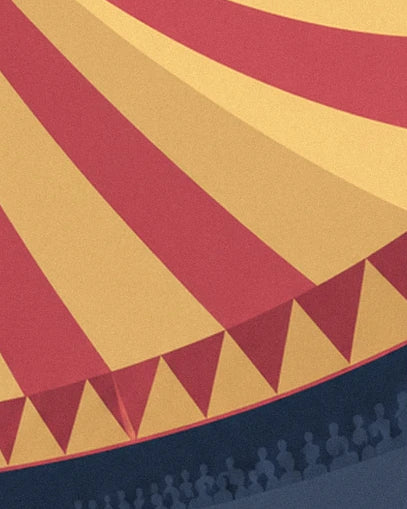The red and ochre panels of the big top canvas, with their row of triangular bunting