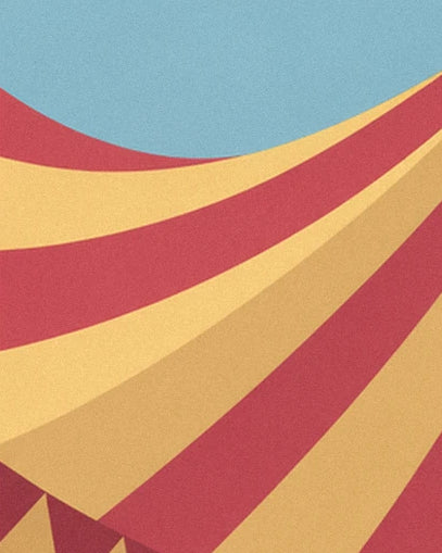 The wide red and yellow stripes of the big top canvas beneath a patch of blue sky