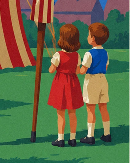 The two children seen from behind, in a red dress and blue waistcoat, near the striped circus tent