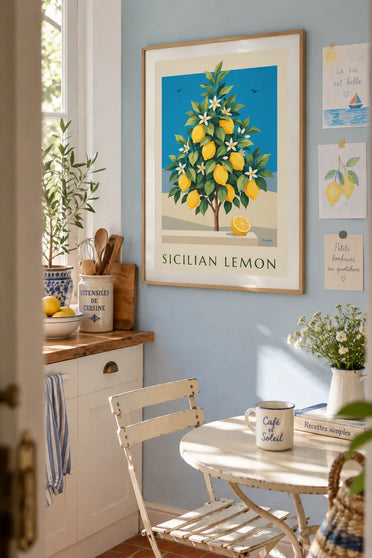 Poster botanische Tafel mit blühenden sizilianischen Zitronen: gerahmt an der Wand