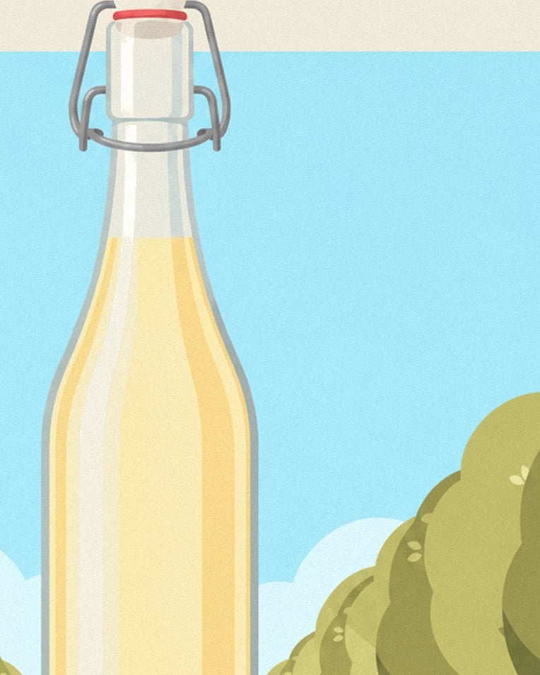Poster bottiglia di limonata artigianale e limoni: dettaglio in primo piano
