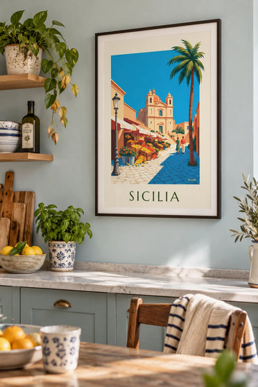 Affiche marché sicilien aux citrons, oranges et fleurs : encadrée au mur