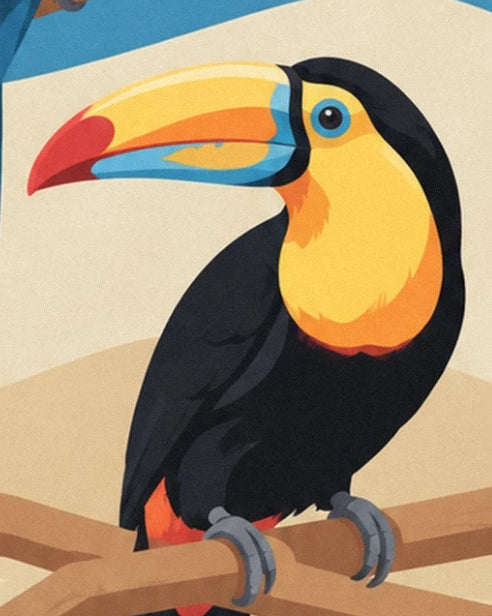 Un toucan au bec multicolore et à la gorge jaune, sur une branche