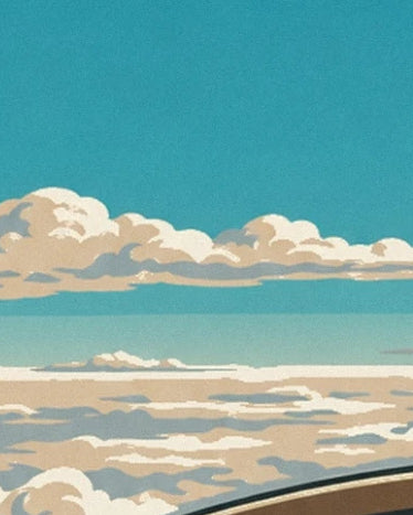 Cream clouds beneath a turquoise sky, framed by the cockpit window