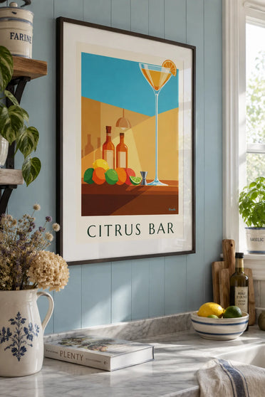 Poster di cocktail bar, coppa di cristallo e agrumi: incorniciato alla parete