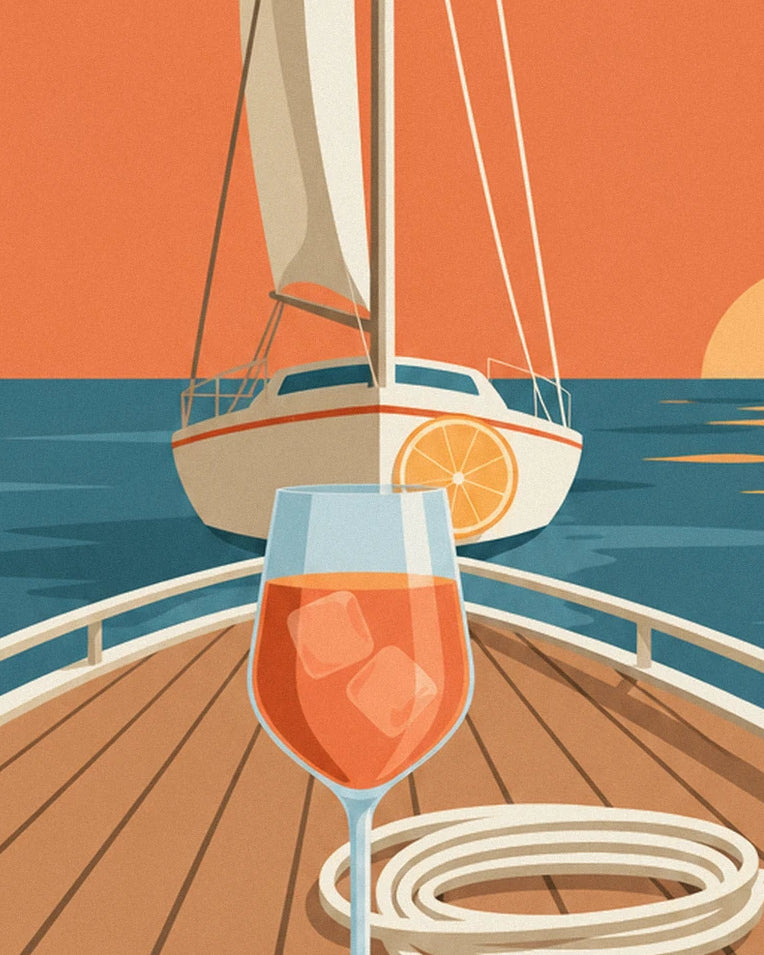 Poster Spritz auf dem Deck eines Segelboots bei Sonnenuntergang: Detail in Nahaufnahme