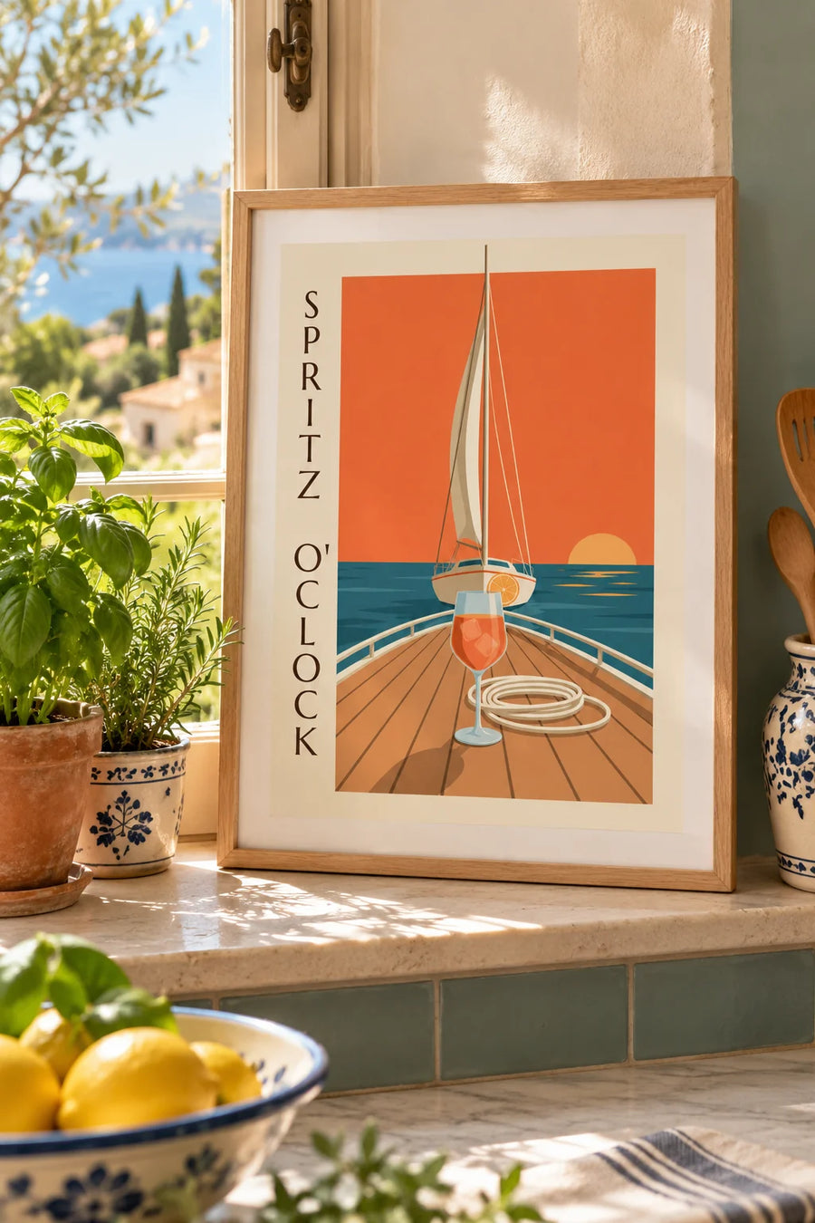 Affiche spritz sur le pont d'un voilier au coucher du soleil : petit format A4 encadré