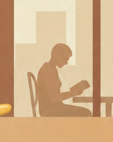 Die braune Silhouette einer Person, die am Fenster sitzt und liest