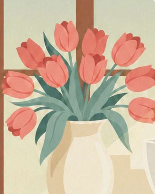 Ein Strauß rosa Tulpen mit grünen Blättern in einer cremefarbenen Vase