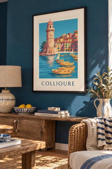 Affiche voiliers jaunes dans le port de Collioure : encadrée au mur
