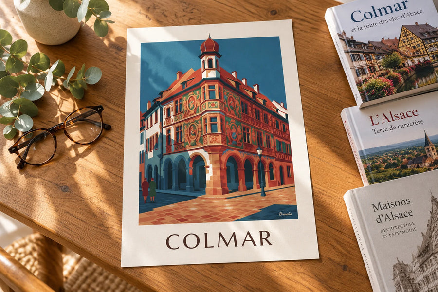 Affiche Maison Pfister et sa galerie de bois sculpté à Colmar : posée sur une table