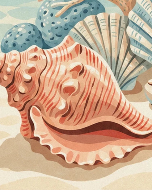 A pink-orange seashell with ridged contours in front of a fan-shaped shell