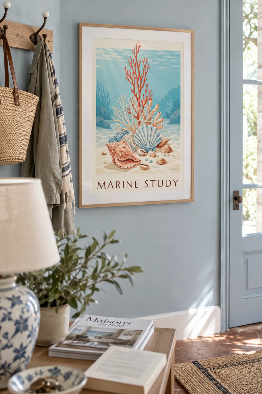 Poster of a naturalist plate of corals and seashells: framed on the wall