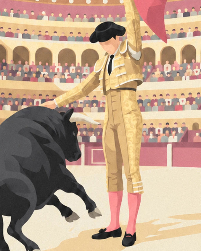 Le matador en costume doré et bas roses face au taureau noir dans l’arène