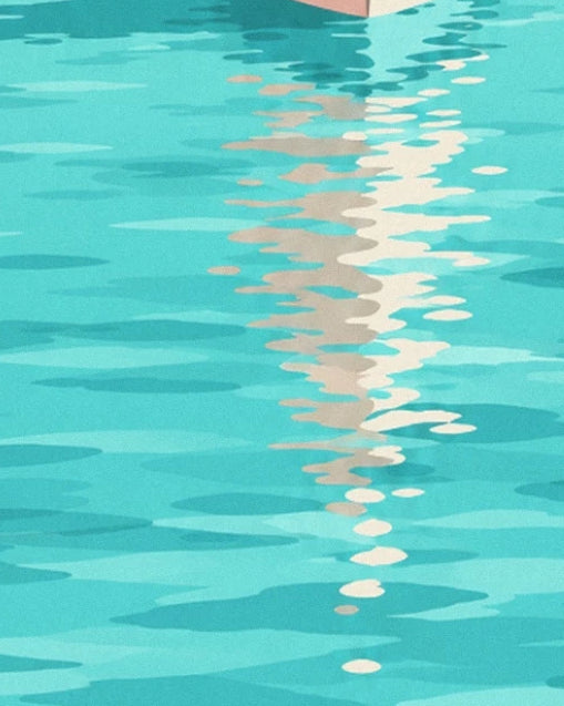 The sailing boat’s cream and pink reflection in the rippling turquoise water