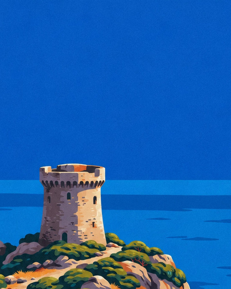 Poster torre genovese sulla costa di Capo Corso: dettaglio in primo piano