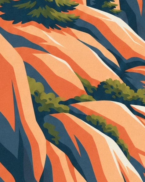 Le lastre di roccia arancione striate d'ombra, tra pini e cespugli verdi