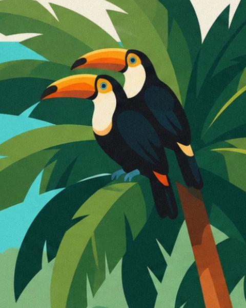 Les 2 toucans aux becs orange et aux gorges crème parmi les grandes feuilles vertes