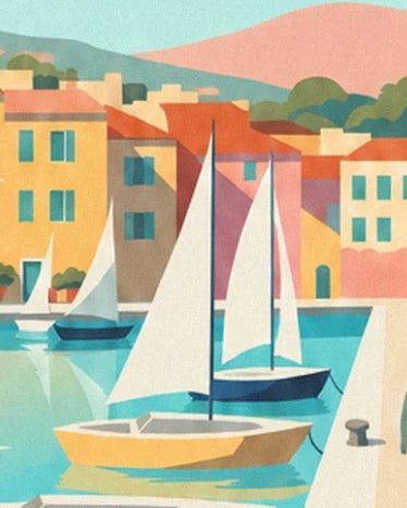 Sailing boats with white sails in front of the colourful houses of the small Riviera harbour