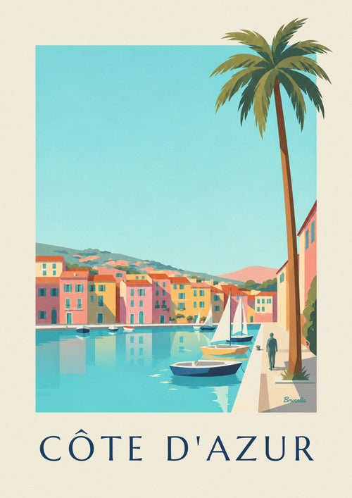 Poster of a small French Riviera harbor, houses and sailboats: the full poster