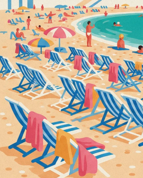 Rows of blue and white striped deckchairs, with pink and yellow towels on the beach