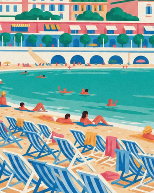 Sunbathers lying on the sand facing the sea, in front of the promenade's blue arcades