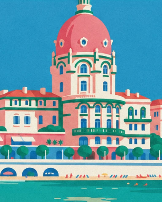 The grand pink hotel with its dome, green balconies and row of trees, facing the sea