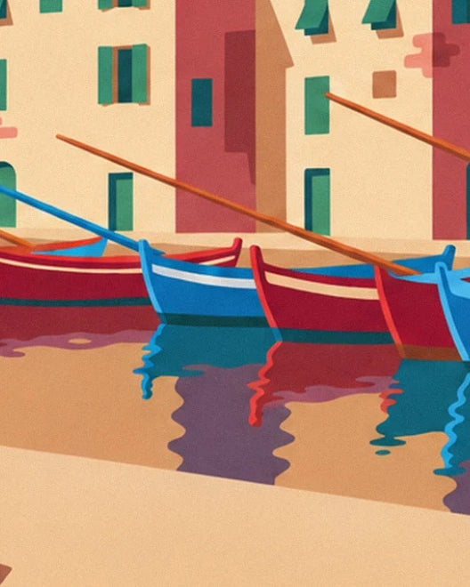 Barche a remi rosse e blu, i loro lunghi remi e i riflessi nell'acqua