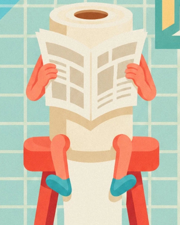Le personnage en rouleau de papier toilette lisant son journal sur un tabouret rouge