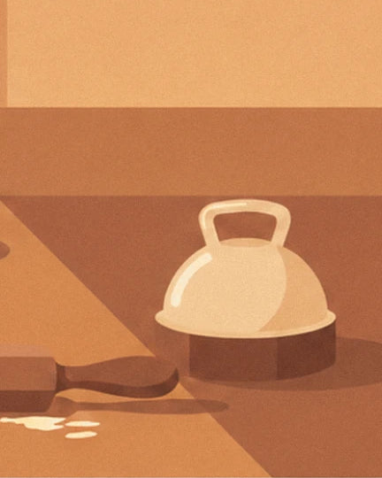 The cream dome cover with a handle on its brown base, beside the rolling pin