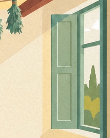 Le volet vert ouvert sur des arbres, dans la lumière de la cuisine