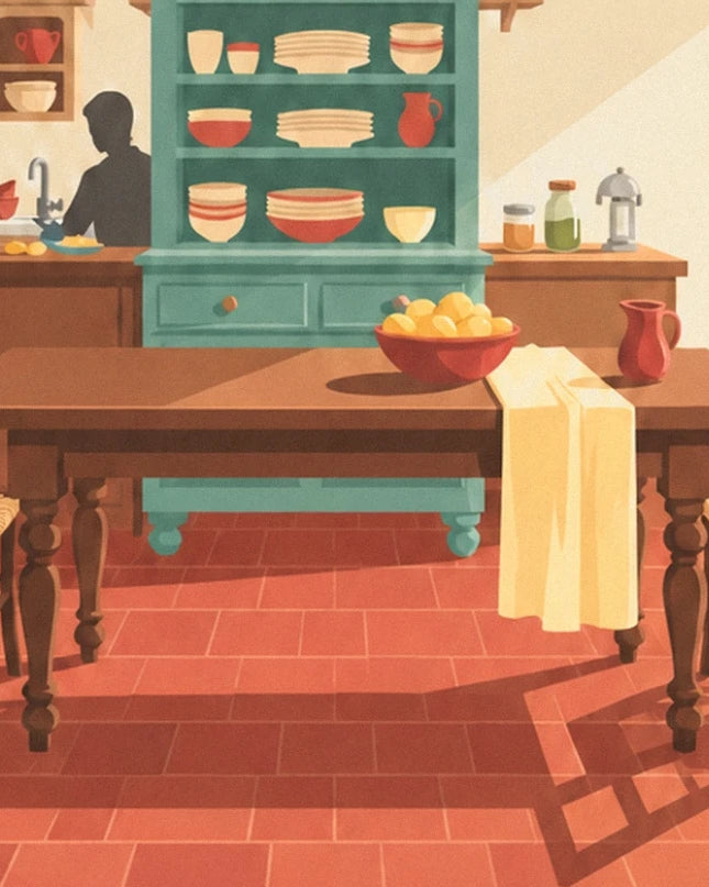 La grande table de ferme, sa nappe jaune et sa coupe de fruits devant le buffet vert