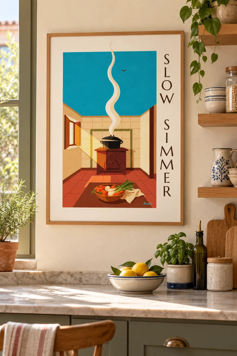 Poster dampfender Pot-au-feu im gusseisernen Topf: gerahmt an der Wand