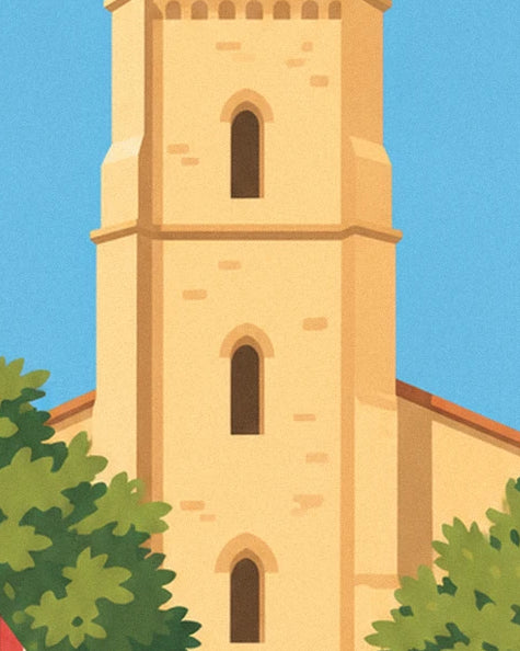 La tour jaune aux 3 fenêtres étroites, entre ciel bleu et feuillages verts