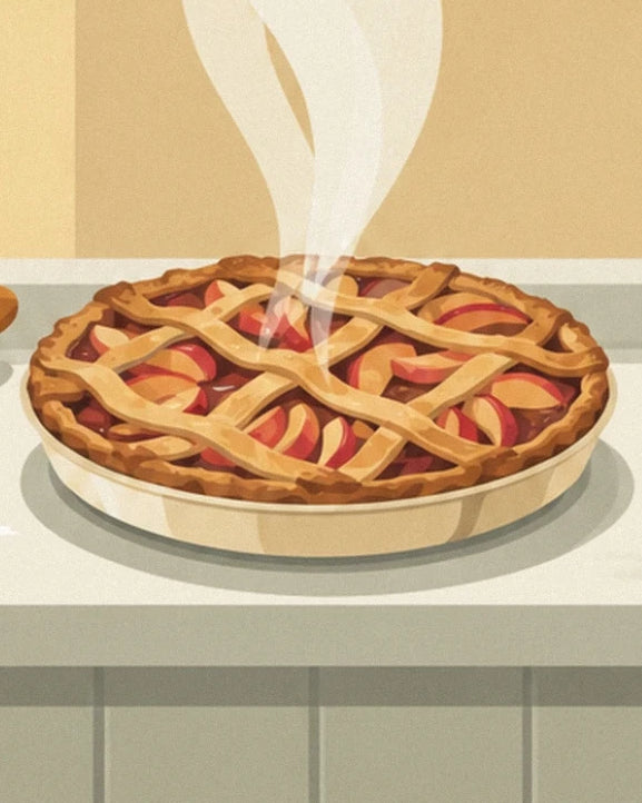 The steaming apple pie with its golden lattice crust in a cream dish