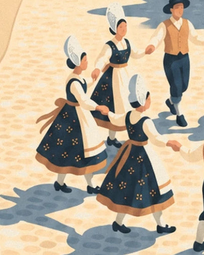 The women dancing in midnight blue floral dresses and cream aprons on the cobblestones