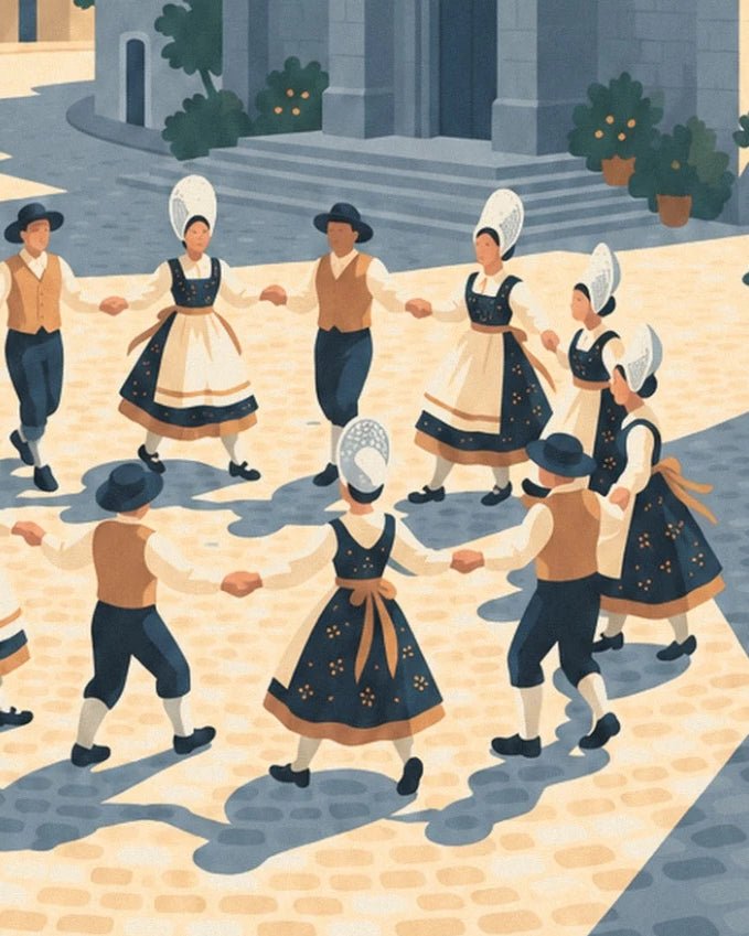 The circle of dancers in Breton costumes, white headdresses and ochre waistcoats