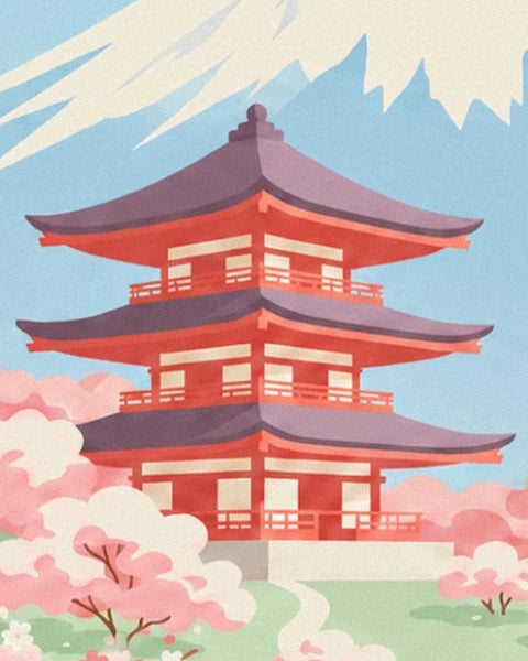 La pagode rouge aux toits violets, entourée de cerisiers roses au pied du mont Fuji