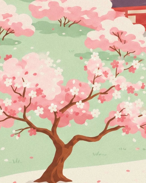 Le cerisier au tronc noueux et aux fleurs roses et blanches, près du chemin