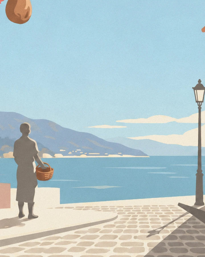 The customer with a wicker basket facing the sea, beside the quayside lamppost