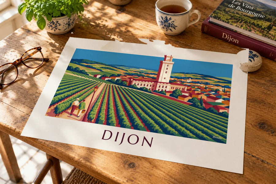 Affiche vignobles et palais des Ducs de Dijon en Bourgogne : posée sur une table